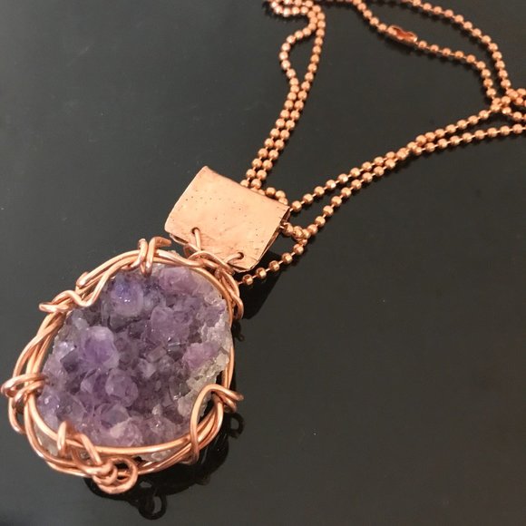 Genuine Amethyst Druzy Drusy Pendant Solid Pure Copper Necklace Natural Mens - Picture 5 of 8